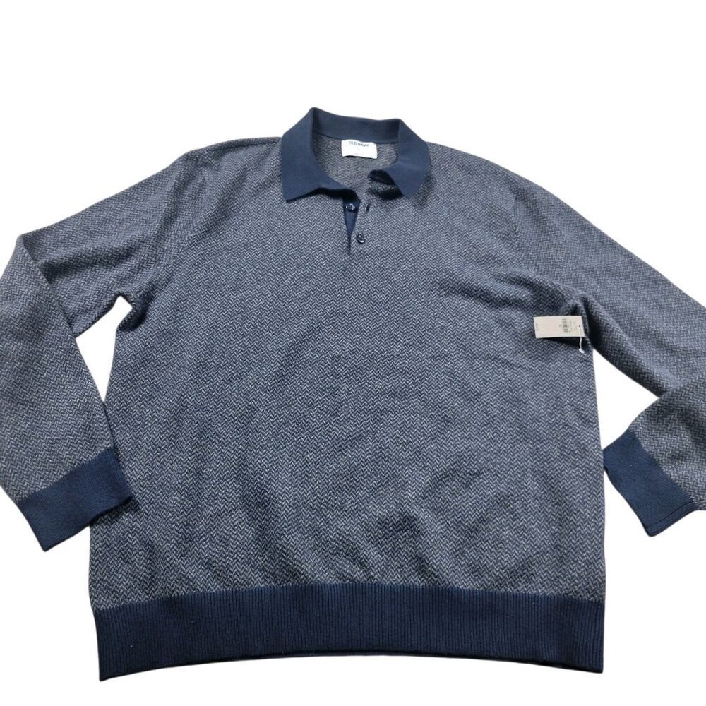 Old Navy Sweater Men’s XL Blue Patterned Polo Buttoned Collar Long Sleeve Tags